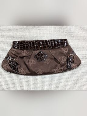 Brown Embossed Logo Clutch with Croc Trim